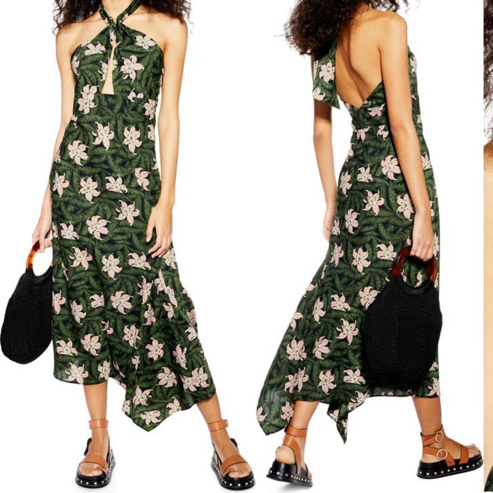 Top Shop Green & Pink Hibiscus Halter MIDI Dress